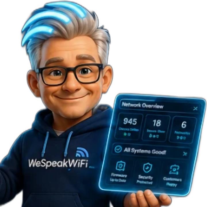 WeeFee, the WeSpeakWiFi teammate, holding a tablet showing the network status